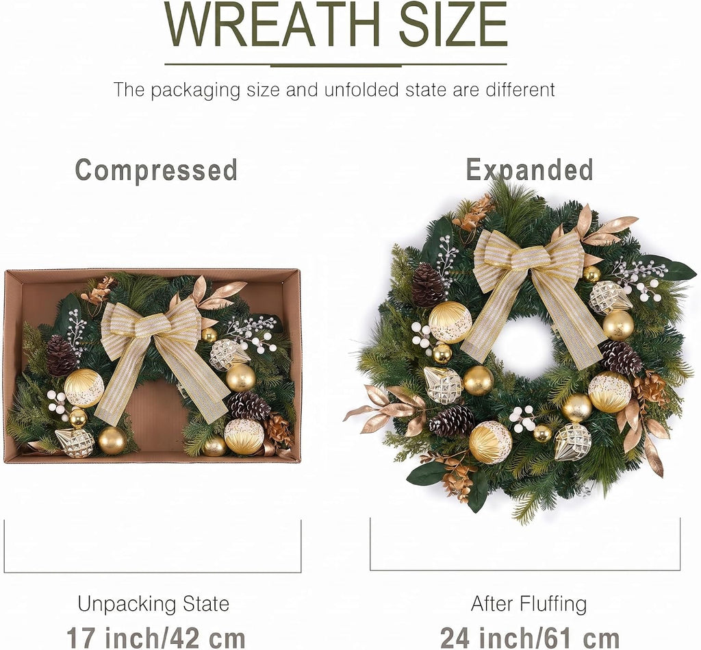 24" Prelit Christmas Wreath for Front Door with Light (Gold)