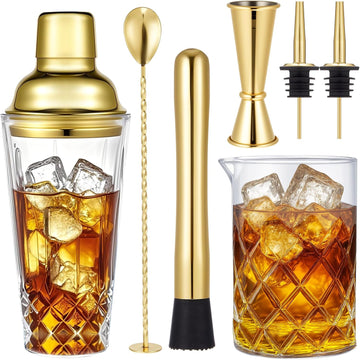 Gold Cocktail Shaker Set, 304 Stainless Steel 14oz Shaker & 24oz Mixing Glass, Jigger, Bar Spoon, Pour Spout - Set of 7