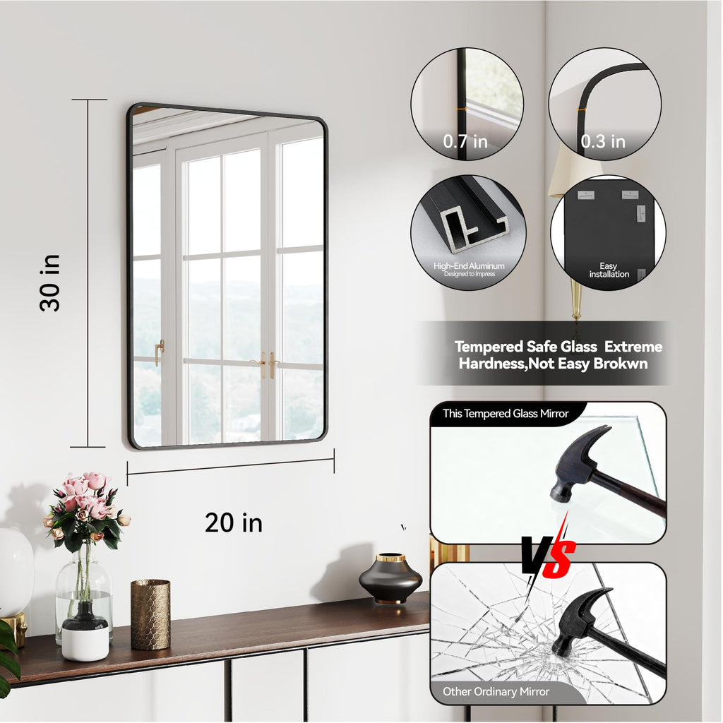 30x20 Bathroom Mirror Rect Wall Mounted Aluminum Metal Frame Black