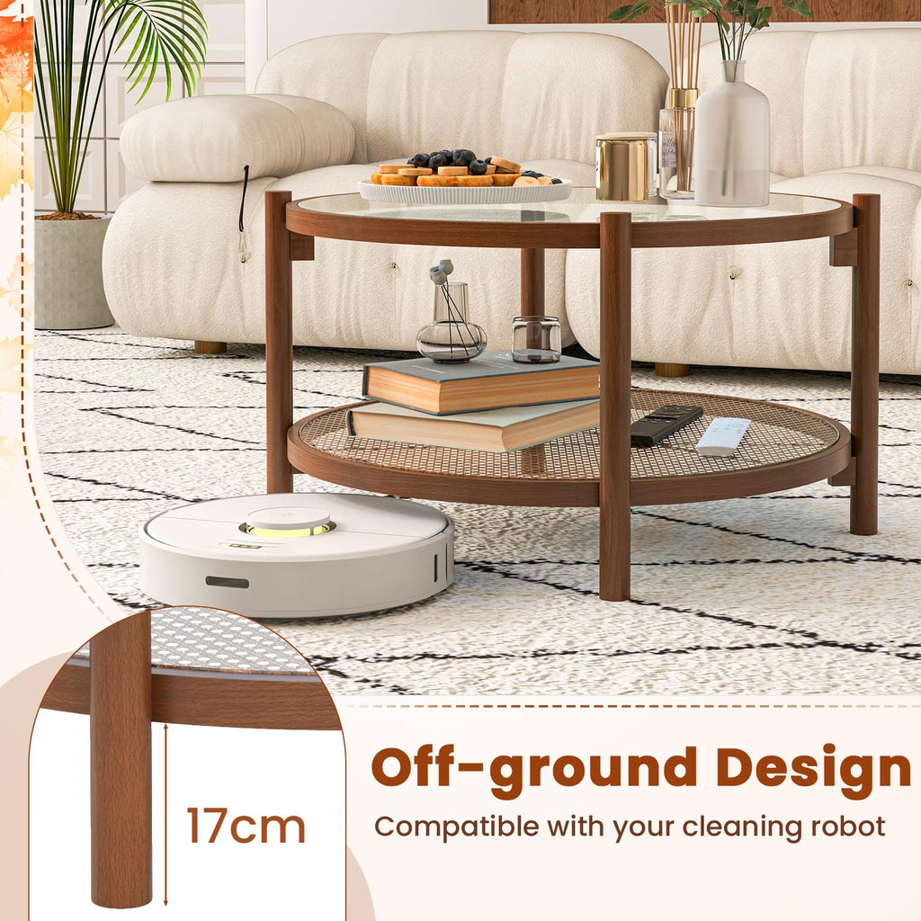 Rattan Coffee Table, Boho Round Glass Tea Table with PE Rattan Storage Shelf & Wood Frame, 2 Tier Accent Center Table