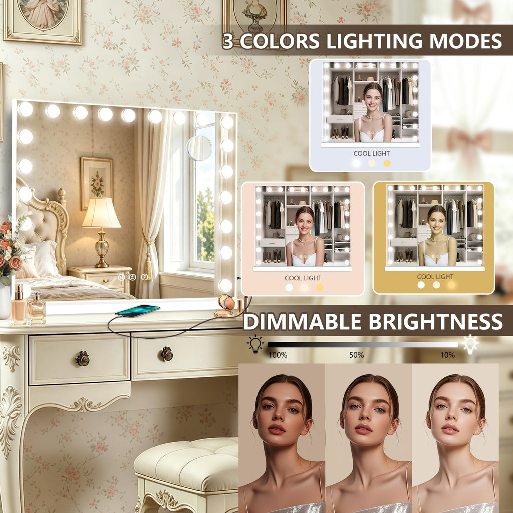Hollywood Vanity Mirror with Lights, 21 Dimmable Bulbs, 3 Color Lights,Make Up Lighted Mirror, Aluminum Metal Frame