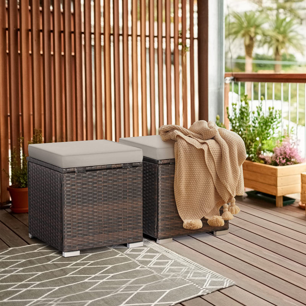 Wicker Outdoor Storage Ottoman, 2-Piece Rattan Footstool w/Removable Cushion, Multipurpose Footrest Stool Side Table