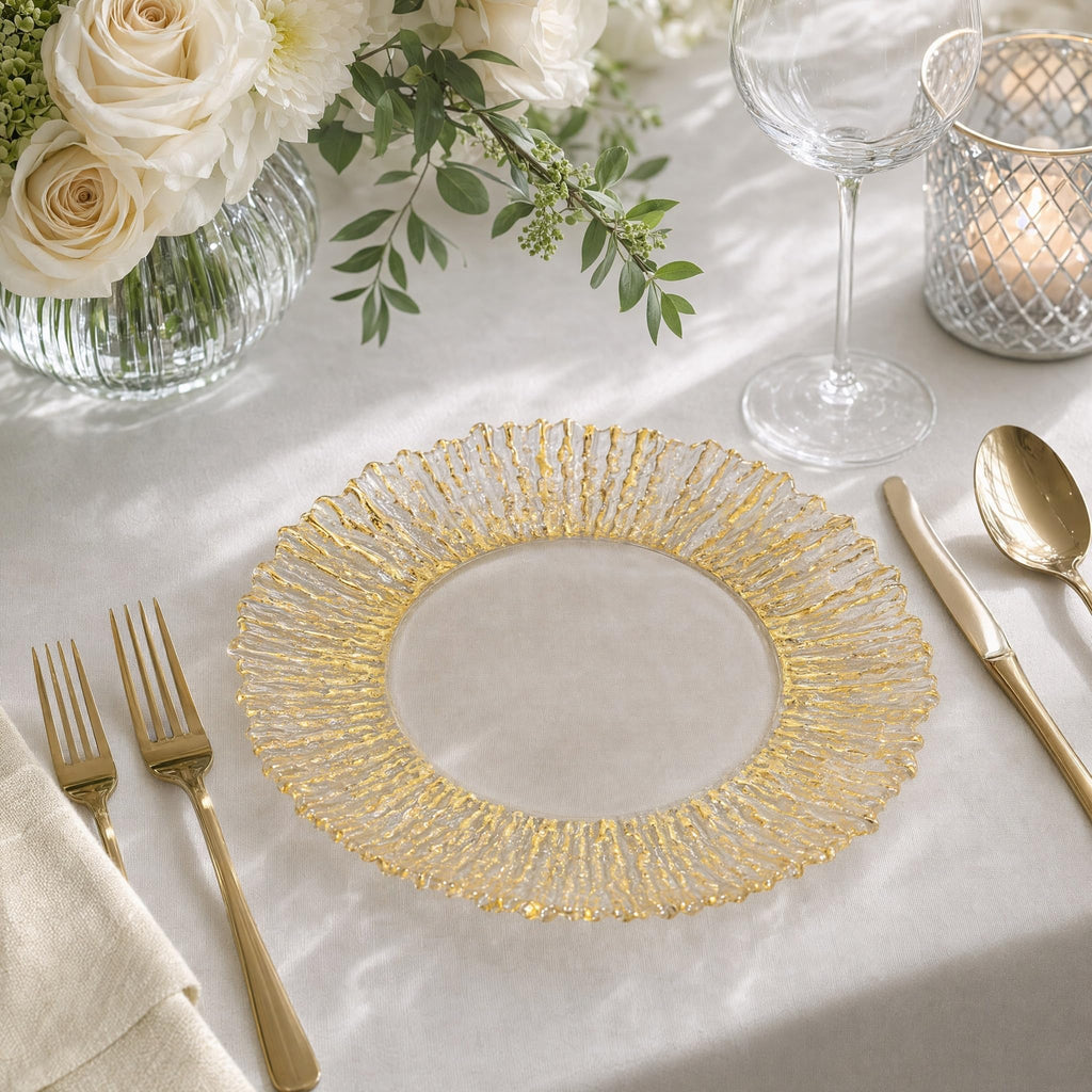 Gold Reef Glass Charger Plates, Set of 12-13 Inch Round Clear Chargers for Dinner Settings with Bottom Foil Accent