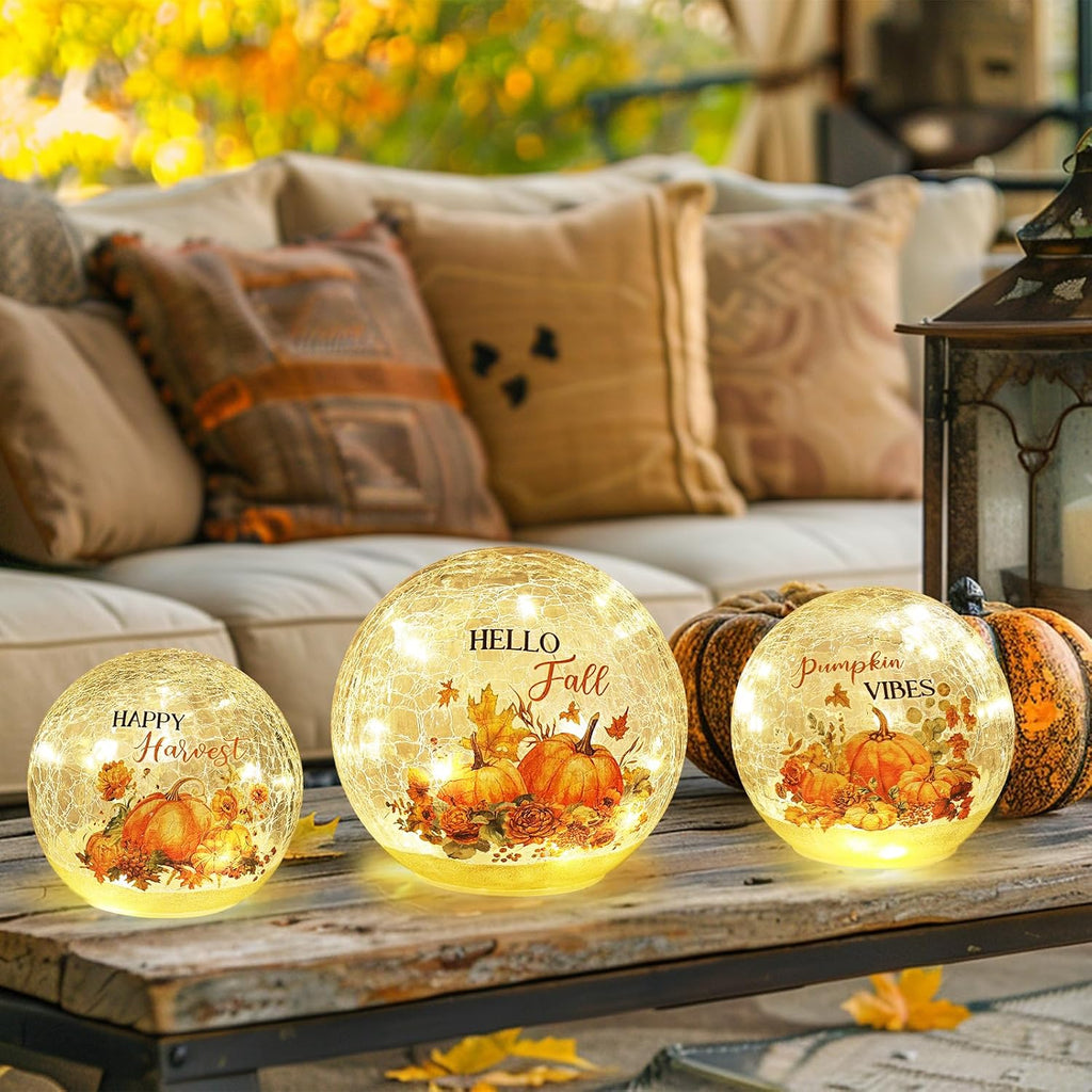 Fall Table Decor Sparkling Crackle Glass Ball with LED Lights Timer Pumpkin Gnomes for Thanksgiving Decor - Set of 3