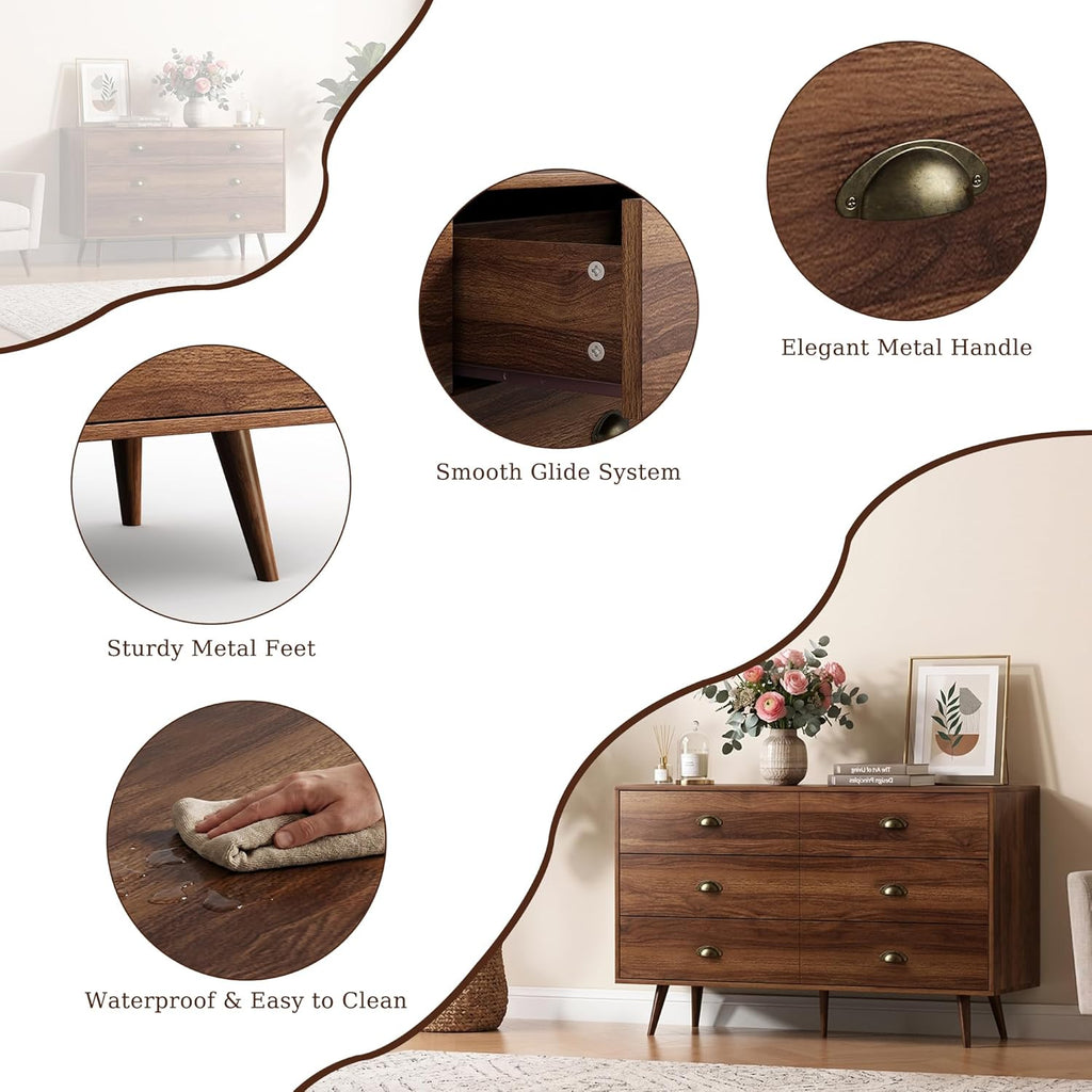 Walnut Dresser , 6 Drawer Dresser with Wide Drawers and Gold Metal Handles, 47" Wood Dressers & Chests of Drawers .