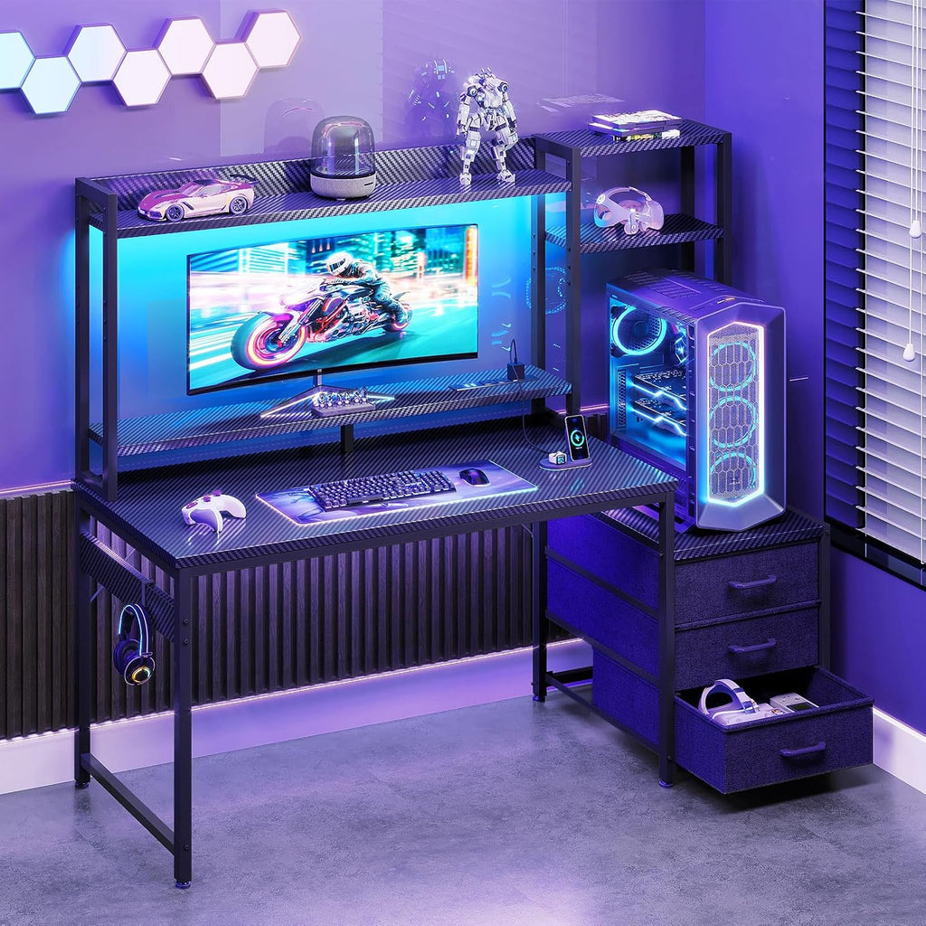 48 Inch Gaming Desk with Shelves & Hutch & 3 Drawers & LED Light | Reversible PC Desk with Tower Stand & Power