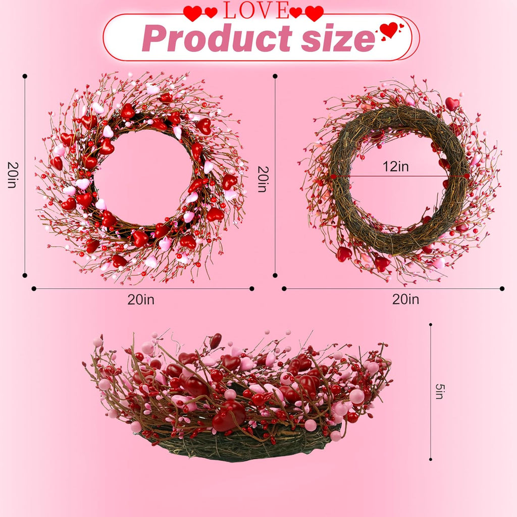 Valentine's Day Wreath 20 Inches Valentines Day Wreaths for Front Door Not Easy to Fall Off The Red Heart Shaped