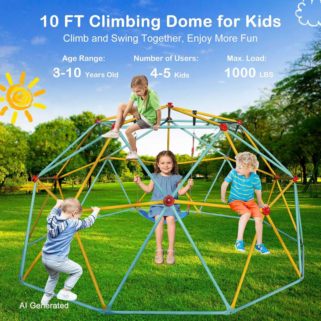 10FT Climbing Dome with Swing Kids Backyard Jungle Gym for Ages 3-10 | ASTM-certified Large Dome Climber, 1000lbs