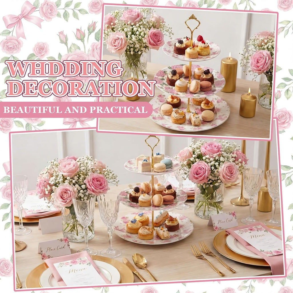 3 Tier Pink Floral Cake Stand Ceramic Coquette Dessert Stand with Gold Metal Rack Shabby Hydrangea Bow Cupcake Tower