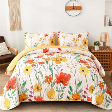 Quilt Set Queen, Yellow Floral Reversible Bedspread Soft Microfiber Lightweight Queen Quilt Bedding Sets Reversible