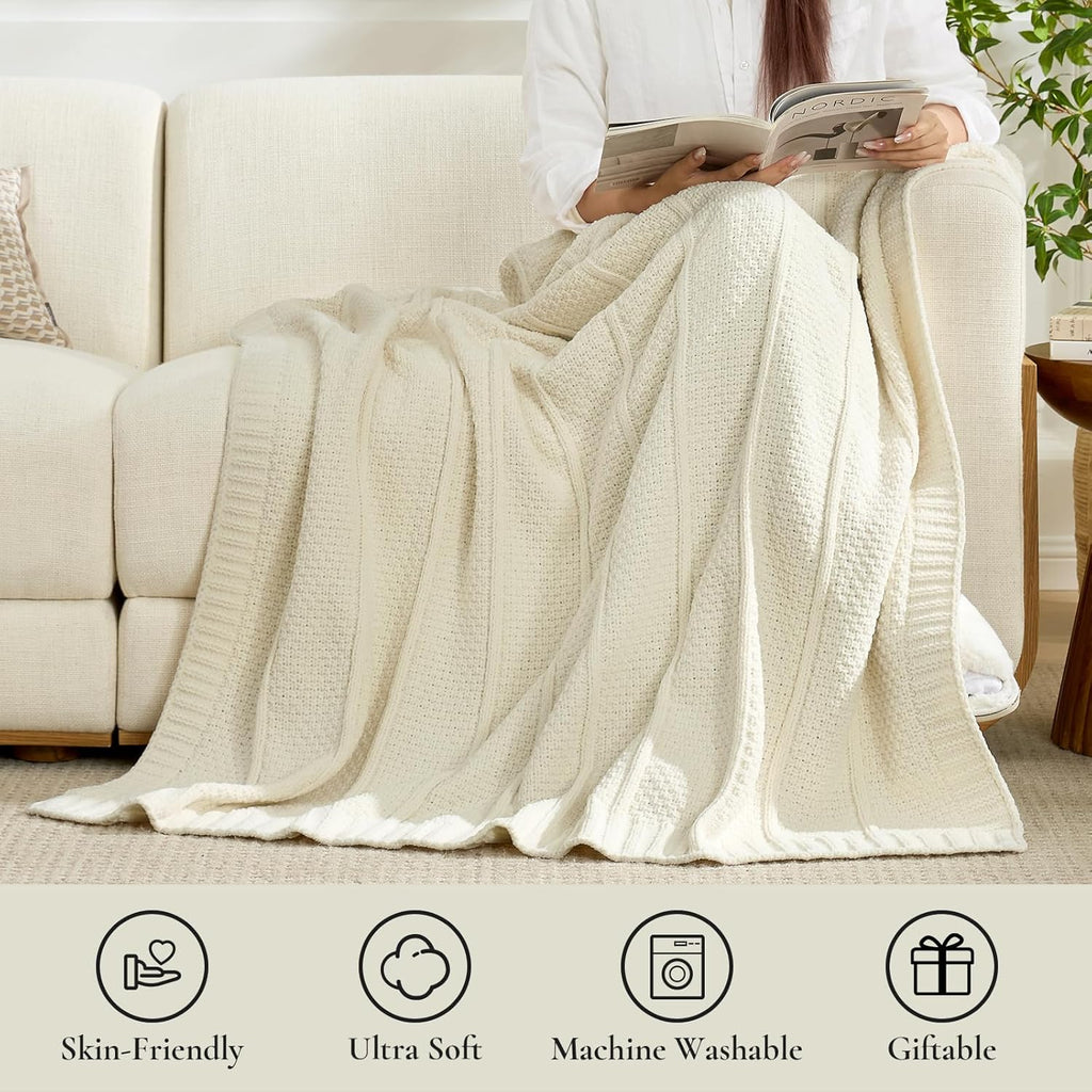 Premium Chenille Throw Blanket, Soft Cozy Moss Stitch Knit Blanket, Chair, Home Decor, Cream White 50"x60"