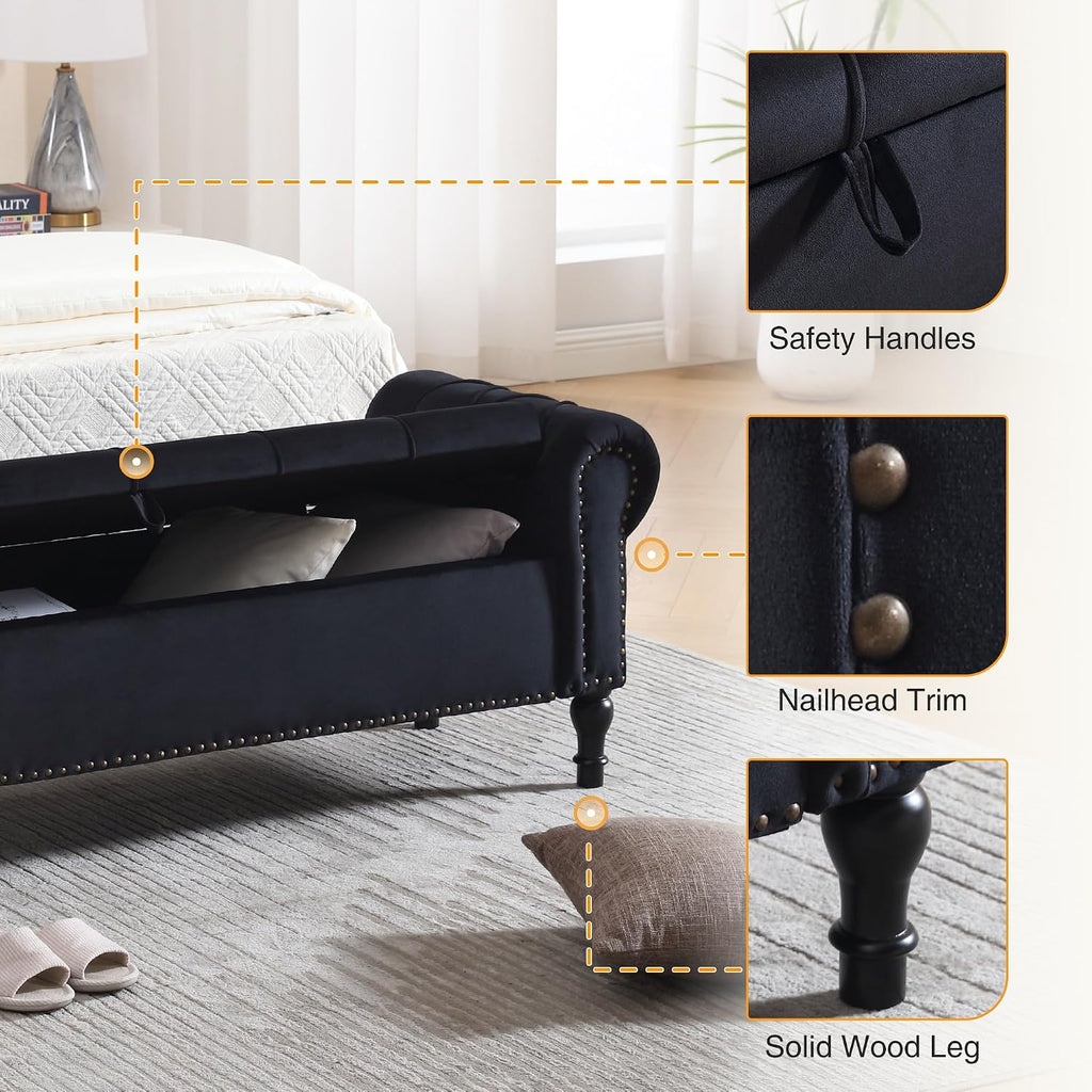 Storage Bed Bench , 67 Inches End of Bed Bench, Velvet King Size Bench with Arms, Tufted Button Storage Ottoman