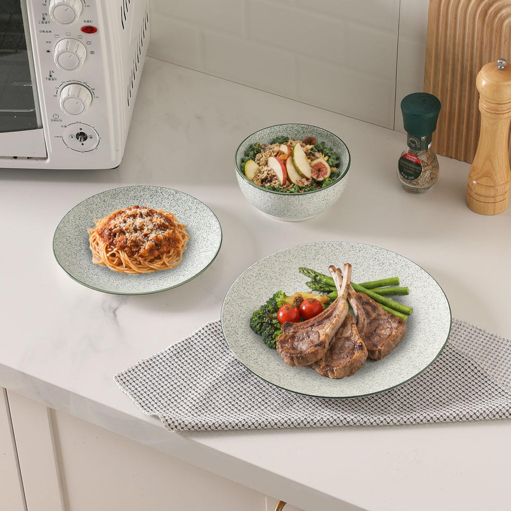 Dinnerware Set of 4,12 Piece Ceramic Plates and Bowls Set Green