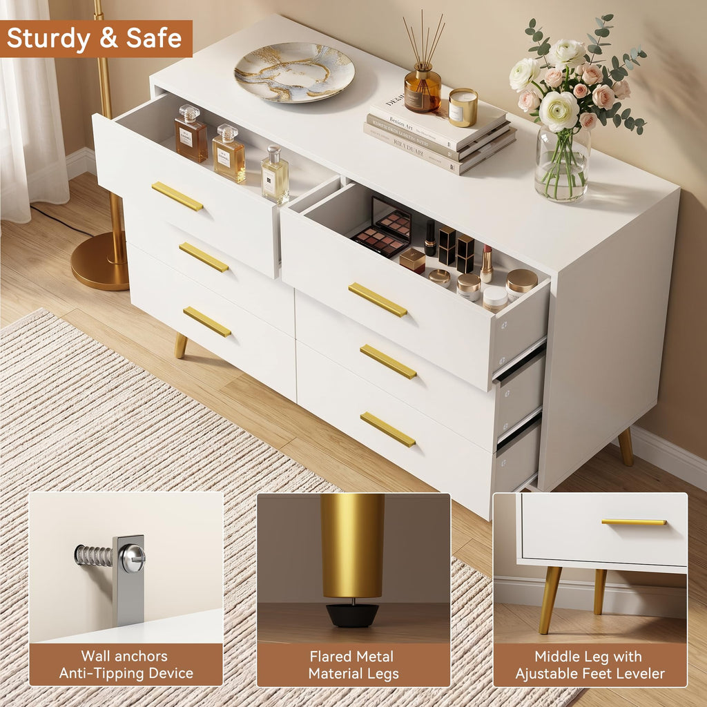 47" White Dresser with 6 Drawers & Modern Gold Handles