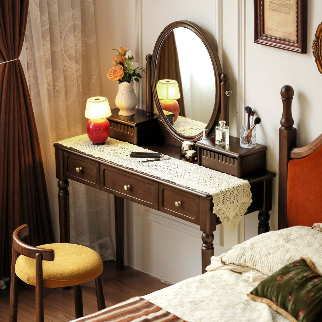 Vintage Vanity Desk with Adjustable Mirror, Walnut