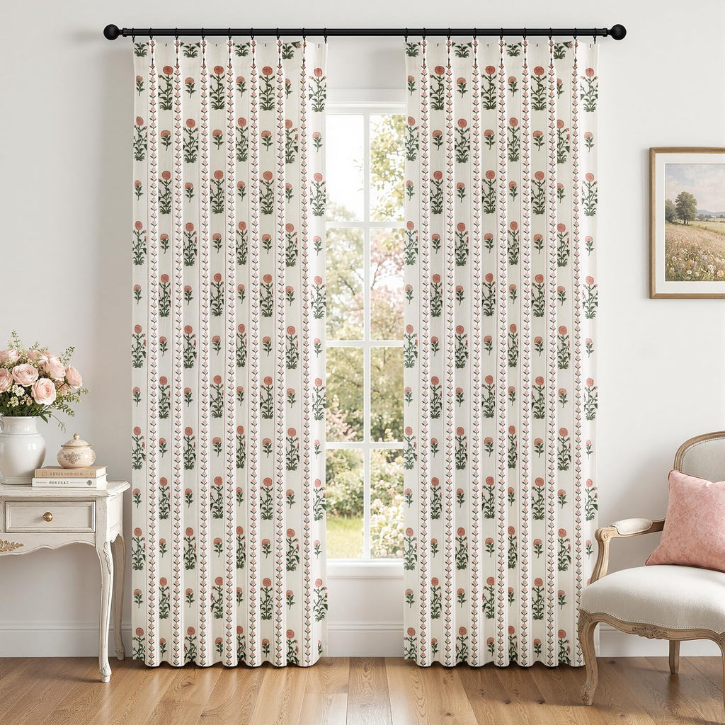 Floral Pinch Pleated Linen Curtains for Living Room Bedroom Dining Room Farmhouse, Light Filtering Memory Trained