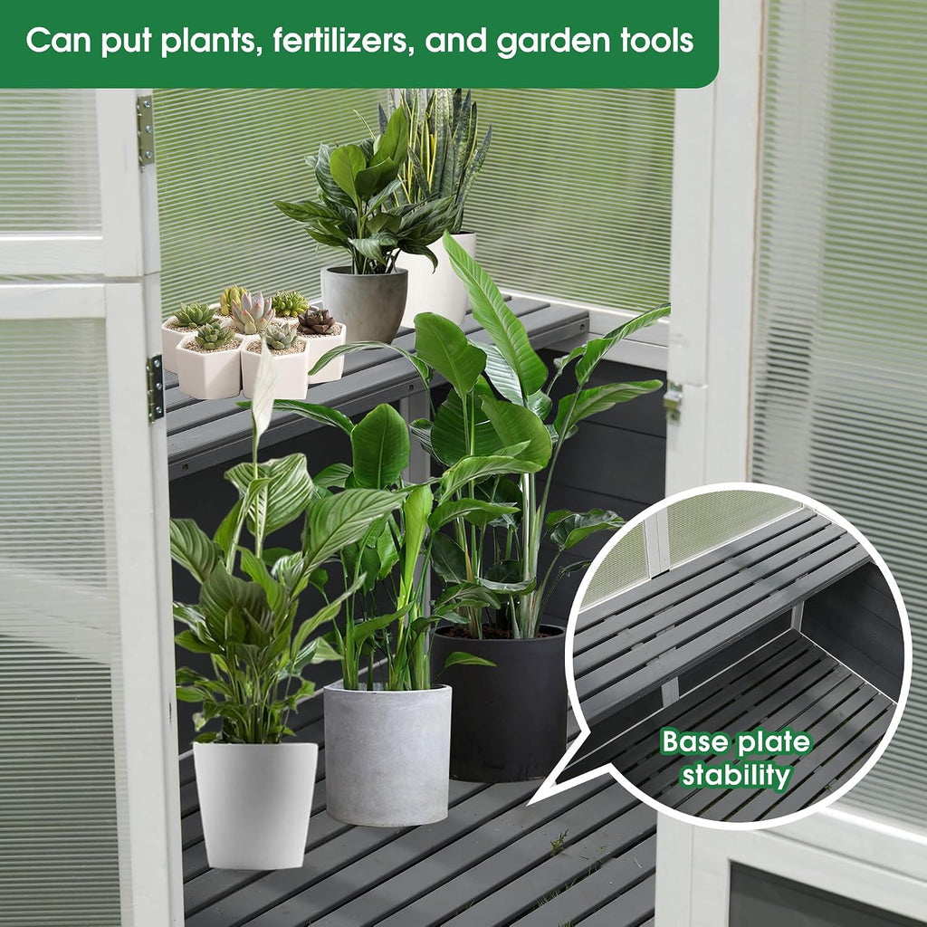 Wooden Greenhouse for Outdoors, Large Polycarbonate Greenhouse with Wooden Base, Lockable Door & 2 Shelves, Heavy