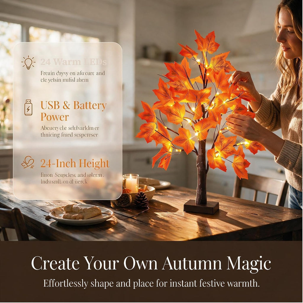 24" Artificial Fall Lighted Maple Tree with Timer, USB/Battery Operated, 24 LEDs & 48 Autumn Leaves, DIY Bendable