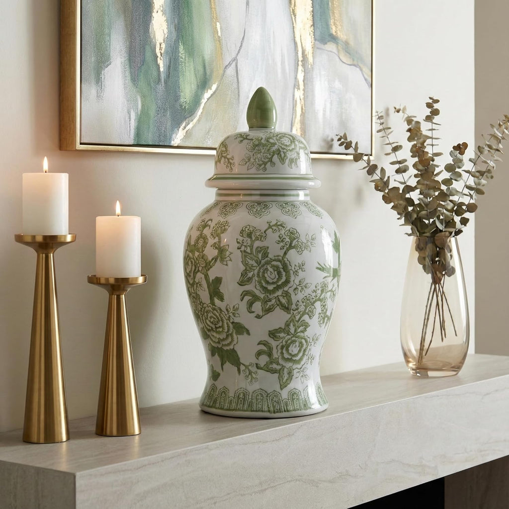 Temple Decorative Jar with Lid - Chinoiserie Ceramic Decorative Stoneware Decor - Modern Centerpiece - 14.25", Green