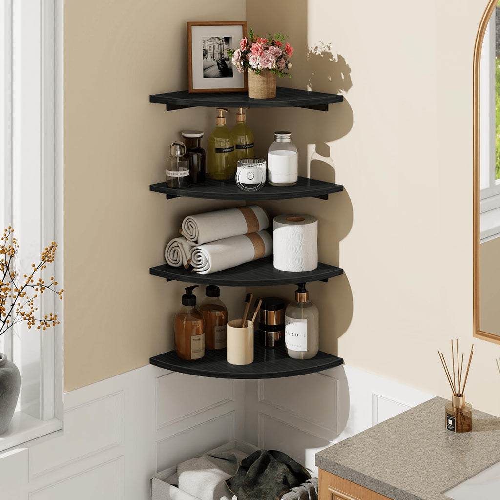 Corner Shelf Wall Mount, 4 Tier Rounded Corner Floating Shelves, 12 Inch Deep Hanging Corner Shelf Storage, Wood