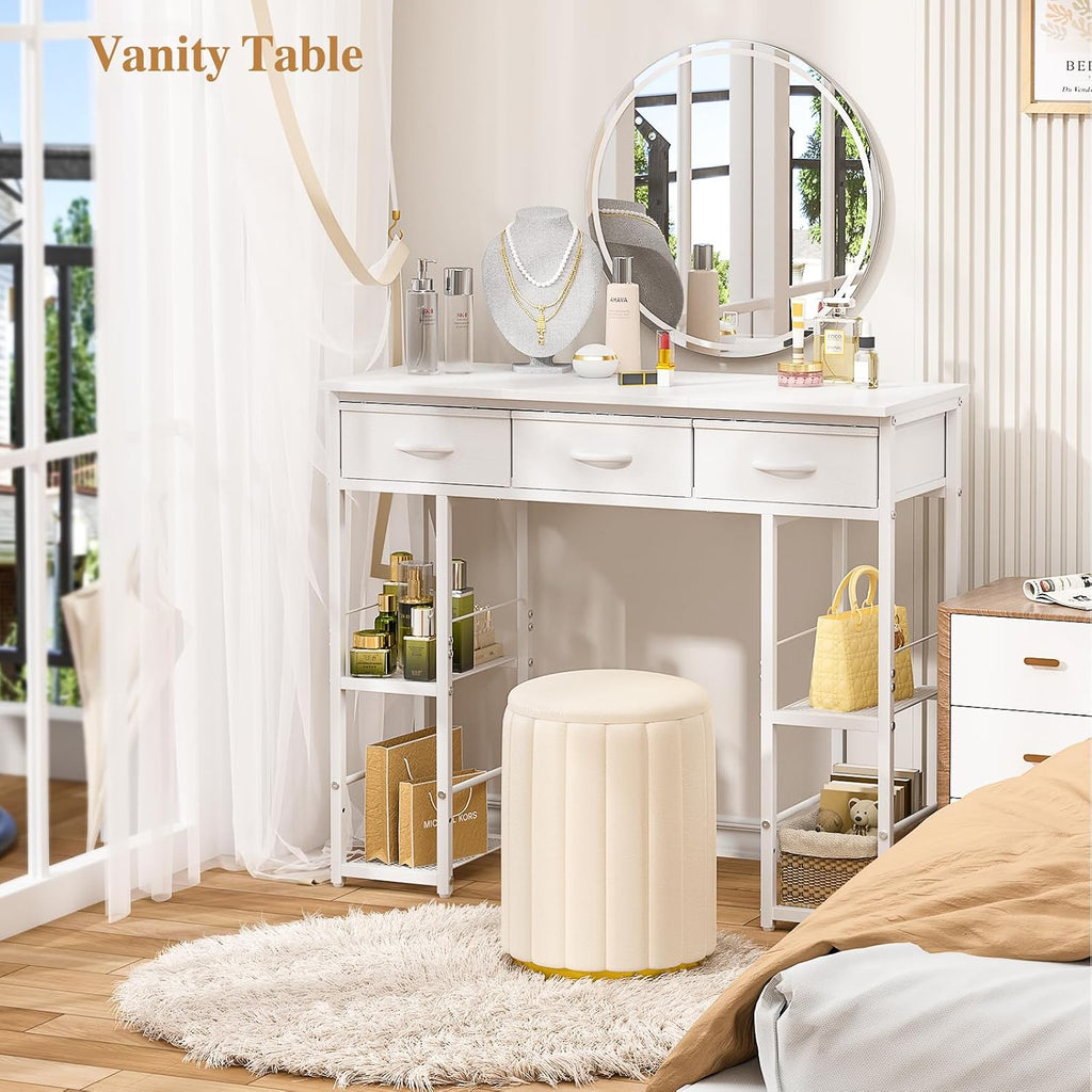 White Computer Desk with Drawers, 35.5 Inch Home Office Work Table with Bookshelf, Kids Teens Study Writing Table