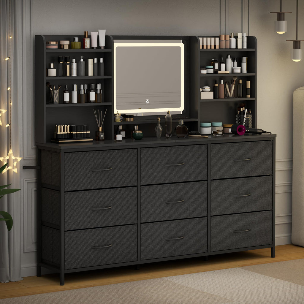 9 Drawers Dresser with LED Mirror, 59" W Chest of Drawers