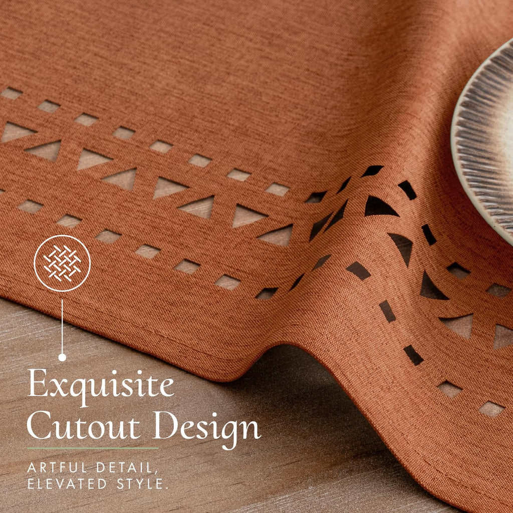 60 Inch Round Fall Tablecloth with Decorative Cutouts Burnt Orange