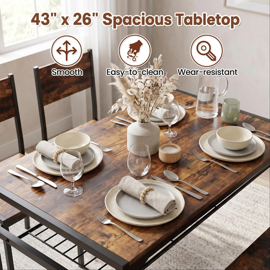 Dining Table Set for 4 with Bench & 2 Chairs, Storage Racks