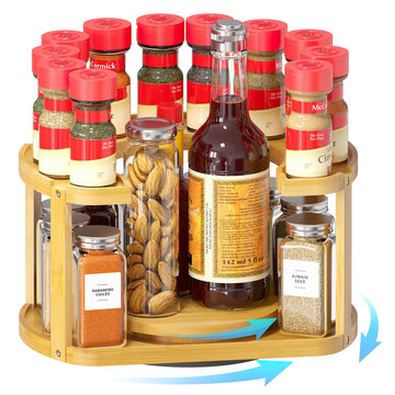 2 Tier Bamboo Spice Rack Organizer, Lazy Susan Turntable for Cabinet, Home Kitchen Spices Spinning Rotating Shelf