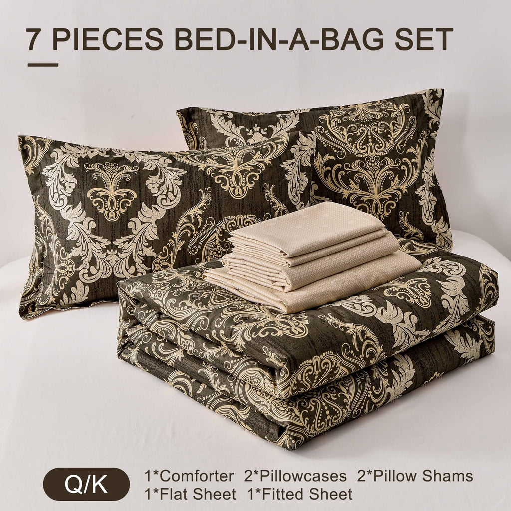 7 Pieces Comforter Set King Size, Damask Texture Design Bed in a Bag Bedding Sets, Brown Soft Lightweight Microfiber