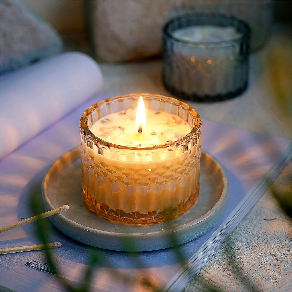 Handmade Lavender Vanilla Scented Candle with Amethyst Crystals