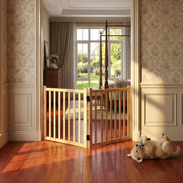 Natural Solid Wood Dog Gate - 2-Panel Non-Painted Pet Fence for Doorways & Stairs - 23" Tall Freestanding Step-Over