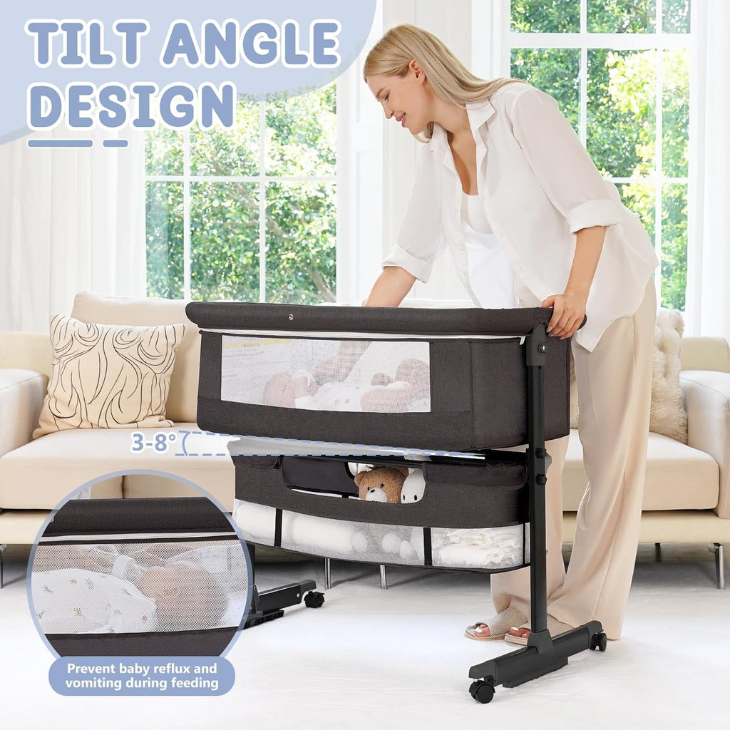 Bassinet, 3 in 1 Bedside Bassinets for Baby, Bassinet Bedside Sleeper with Wheels, Adjustable Height with Rocking