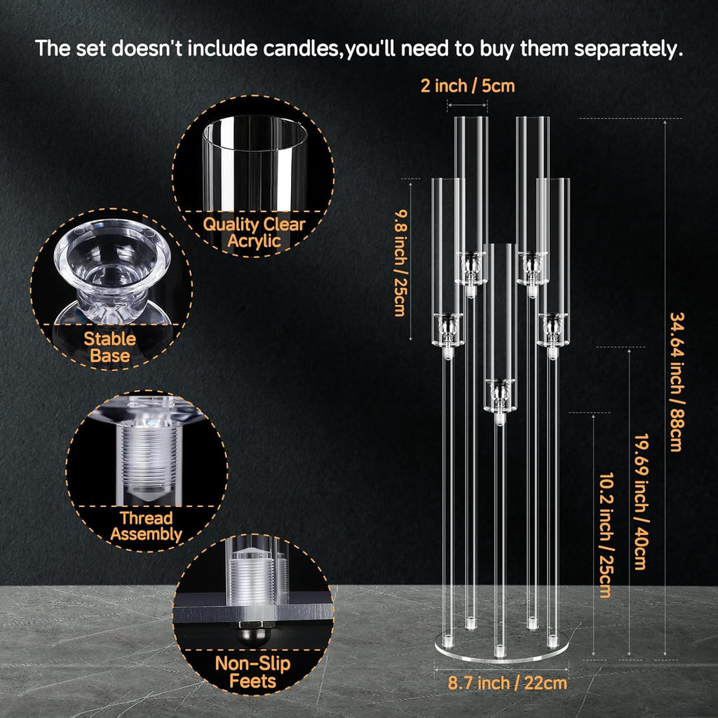 2 Set 5 Arms 34.6'' Acrylic Candelabra Centerpieces,Clear 5 Arms Candlesticks Holder with Acrylic Shade for