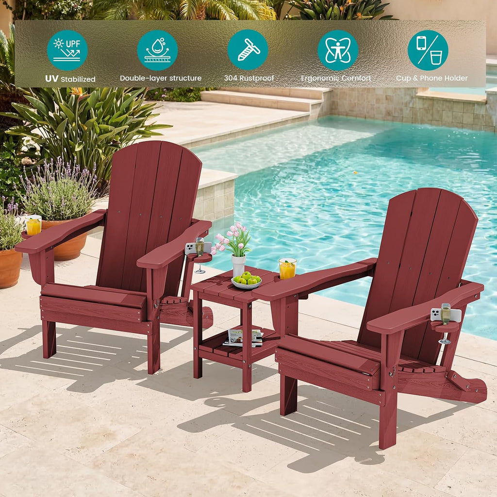 Outdoor Adirondack Chair Set of 2 with 2 Cup Holders,Foldable,Red | HDPE Composite,Waterproof,Wood Grain,Cup & Phone