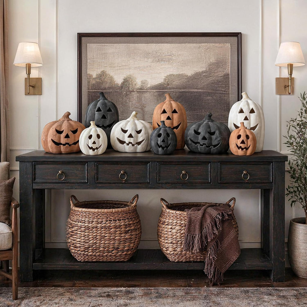 Halloween Decorations - Black Handmade Terracotta Jack O Lantern Pumpkin
