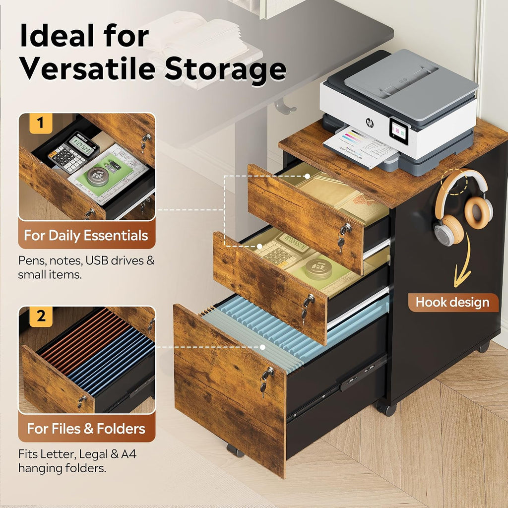 3 Drawer Wood File Cabinet with Individual Locks, Rustic Brown | Mobile Printer Stand with Wheels, Wood Filing