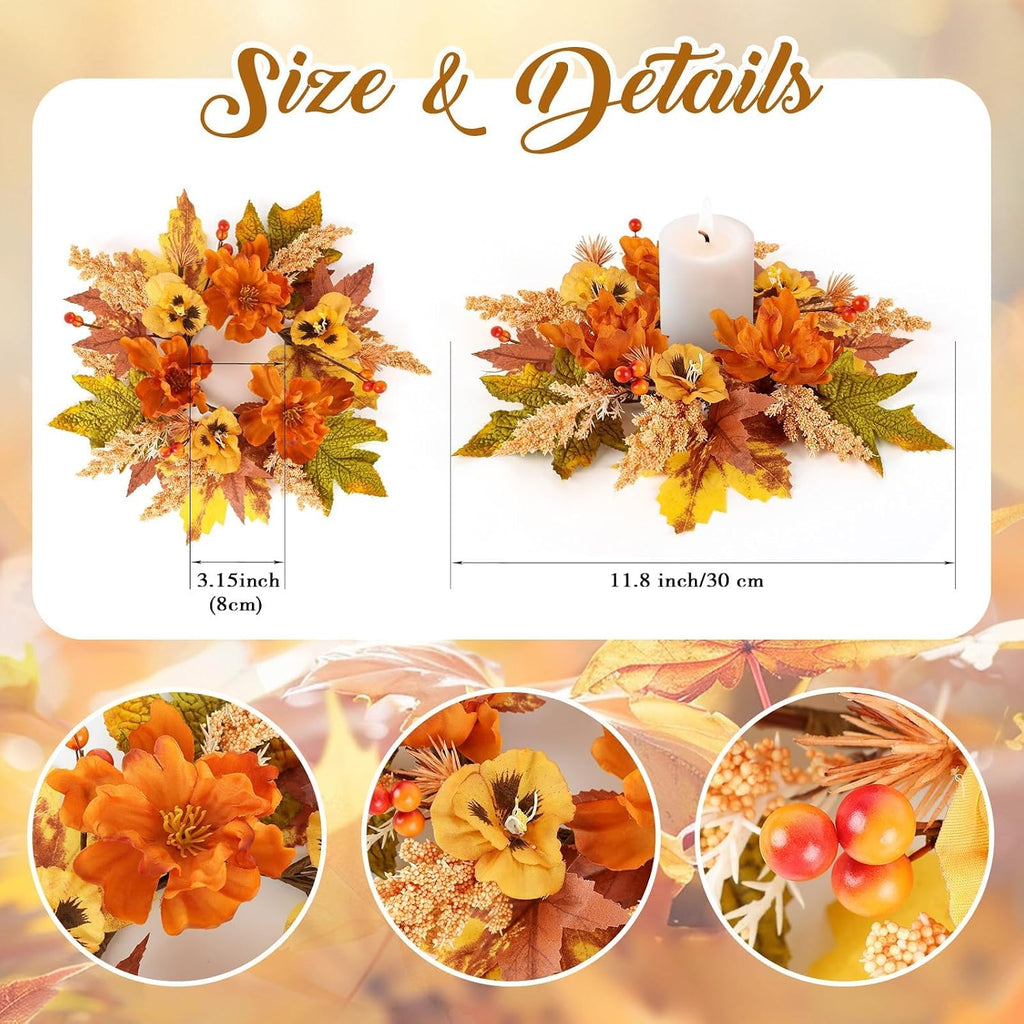 Fall Candle Rings Mini Autumn Floral Candle Wreaths with Berries Table Centerpiece Fall Wreath for Farmhouse - Set of 6