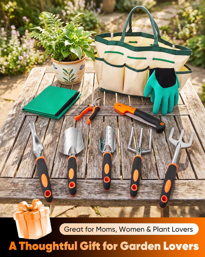 Garden Tool Set Gardening Tools - Heavy Duty Aluminum Tool Kit with Non-Slip Handle, Gardening Gloves and Tool Bag