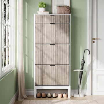 Fluted Shoe Storage Cabinet with 3 Flip Drawers, White+Grey