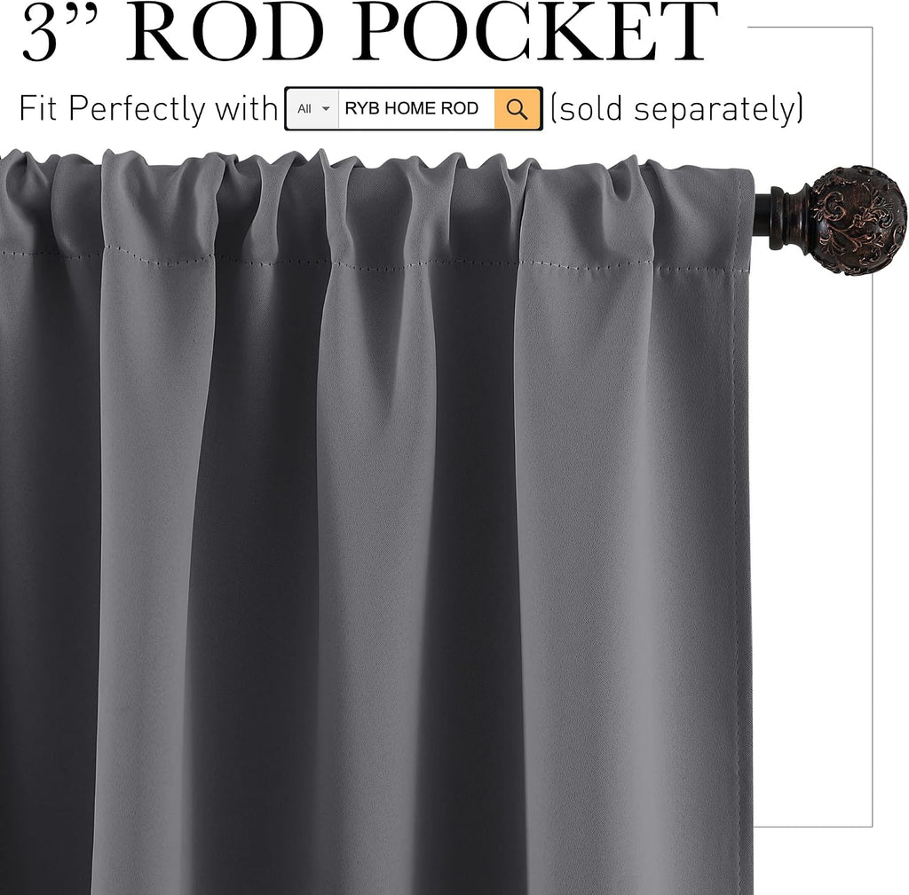 Short Grey Blackout Curtains for Small Bedroom Window, Insulating UV Blocking Drapes for Kitchen Cafe Basement Garage