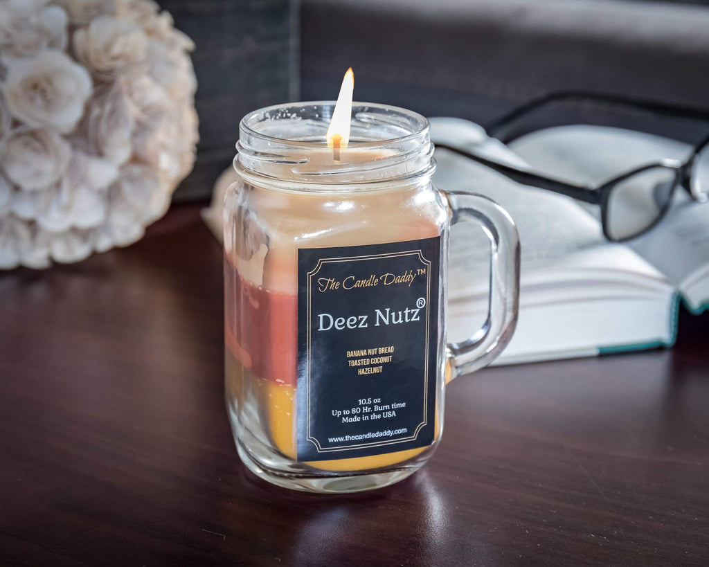 Deez Nutz Scented Candle - Banana Nut Bread, Toasted Coconut, Hazelnut Scented Triple Layer Candle-10.5 oz Mason Jar