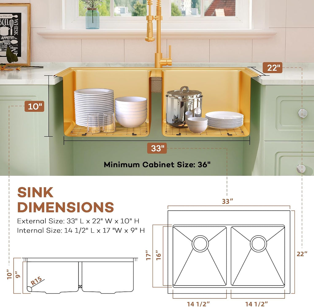 33x22 Drop Sink Double Bowl, Gold Kitchen Sink 33x22 with Smart Workstation & Built-In Accessories, Top Mount 16