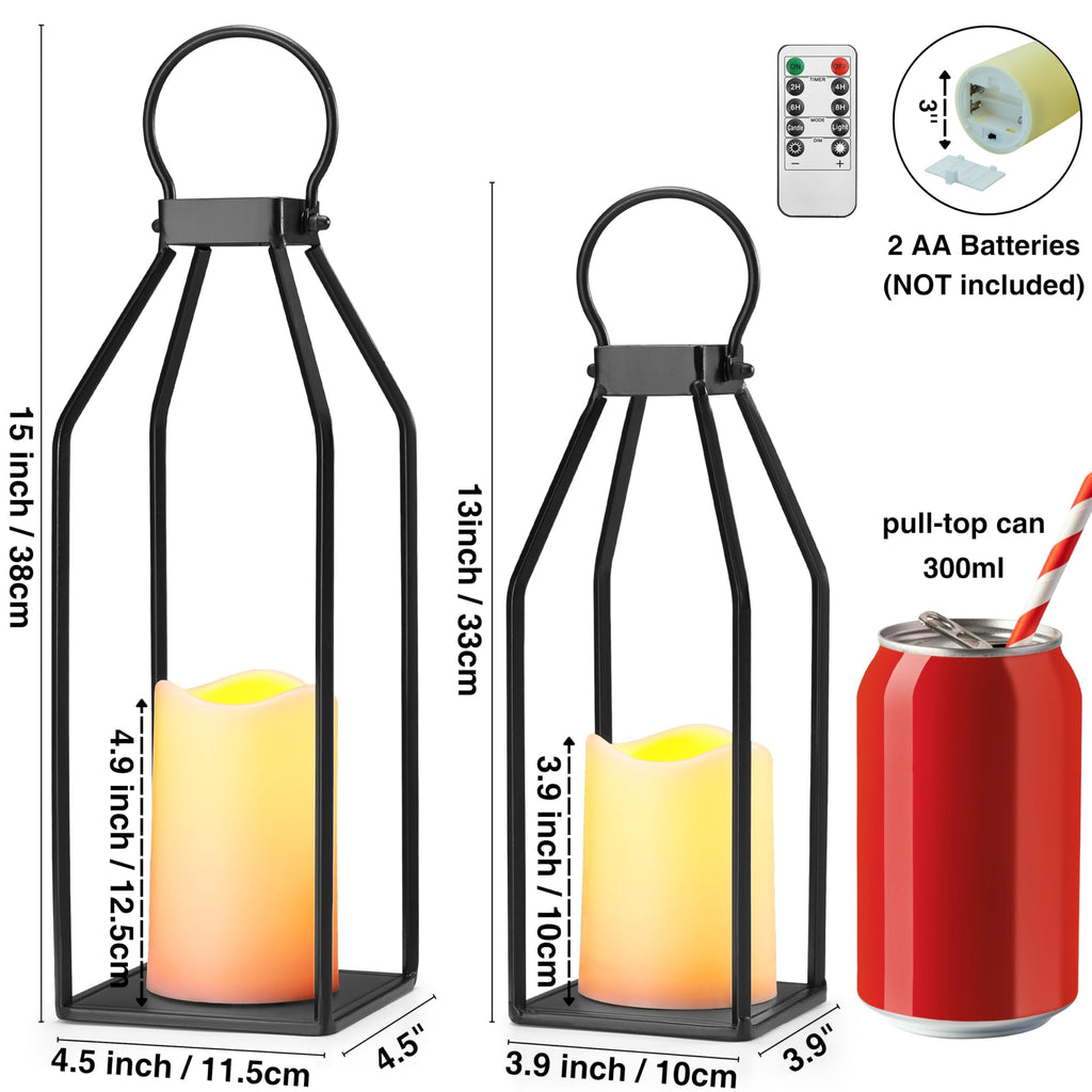 Farmhouse Lantern Decor, 15'' 13'' Set of 2 Black Metal Lantern, 2 LED 6hr Timer Flameless Candles & Remote Timer