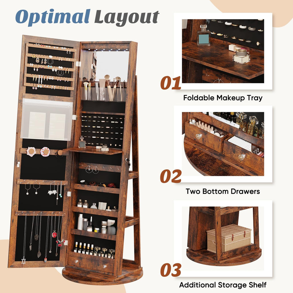 360° Swivel Jewelry Cabinet with Light, Lockable Full Length Mirror