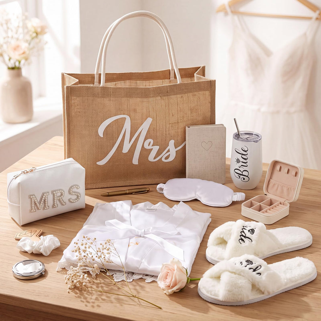 9 Pcs Bride Robe Gifts Set Mrs & Bride White