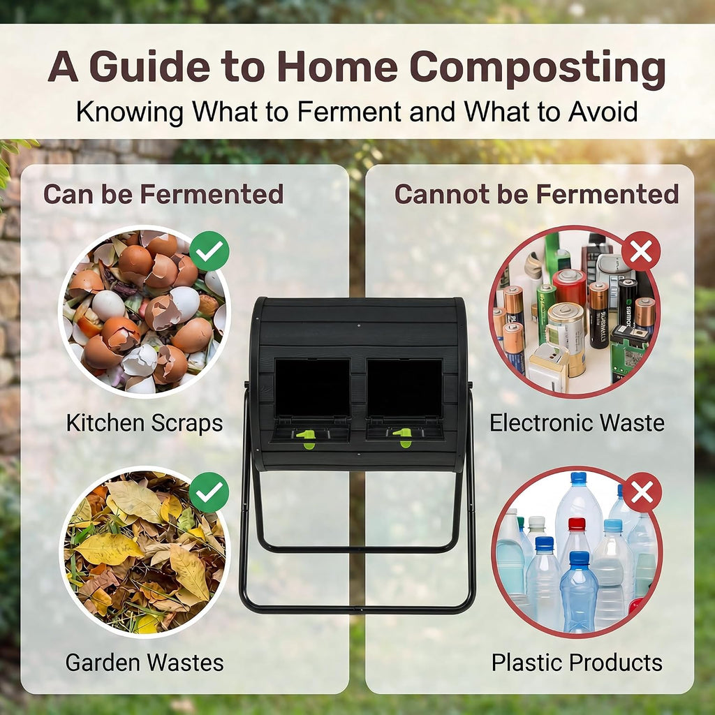 37.5 Gallon Outdoor Dual Chamber Compost Tumbler, Black | BPA-Free Rotating Composter with 2 Lockable Doors, Easy