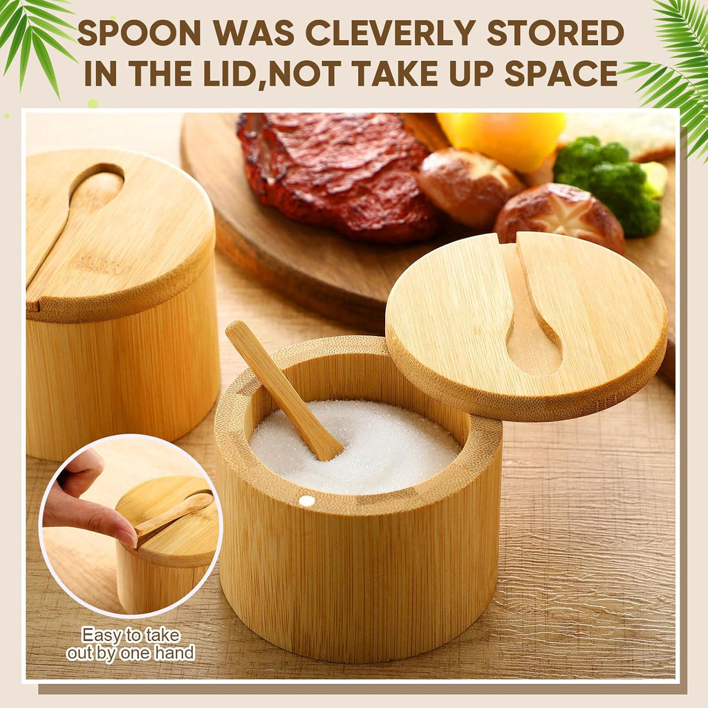 6oz Bamboo Salt Cellar Salt Container with Magnetic Swivel Lid & Spoon Bamboo Storage Box Bowl Elegant Kitchen - Set of 6