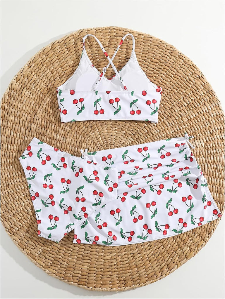 Girl's 3 Piece Swimsuit Cherry Print Cute Bikini Set with Cover Up Skirt