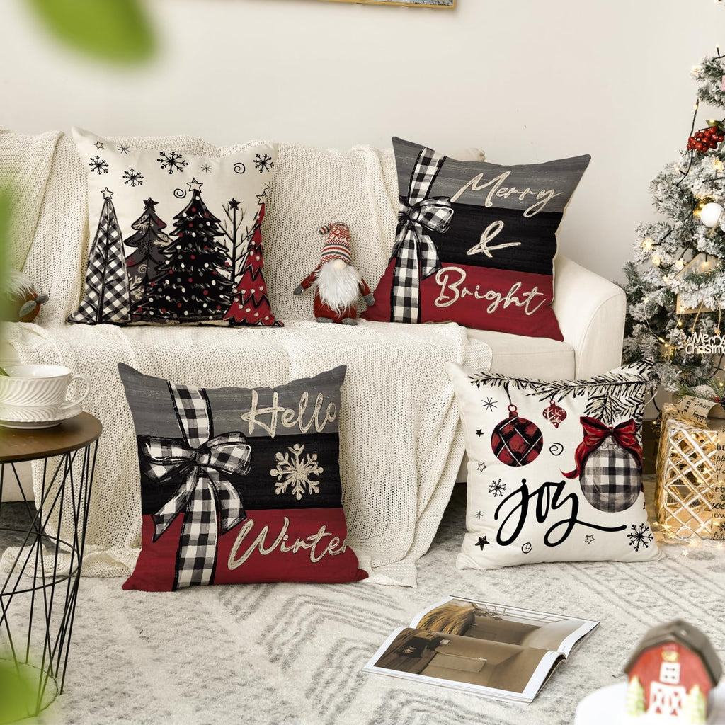 Merry Christmas Joy Xmas Trees Red Throw Pillow Covers, 20x20 Inch Christmas Winter Holiday Cushion Case Decoration - Set of 4